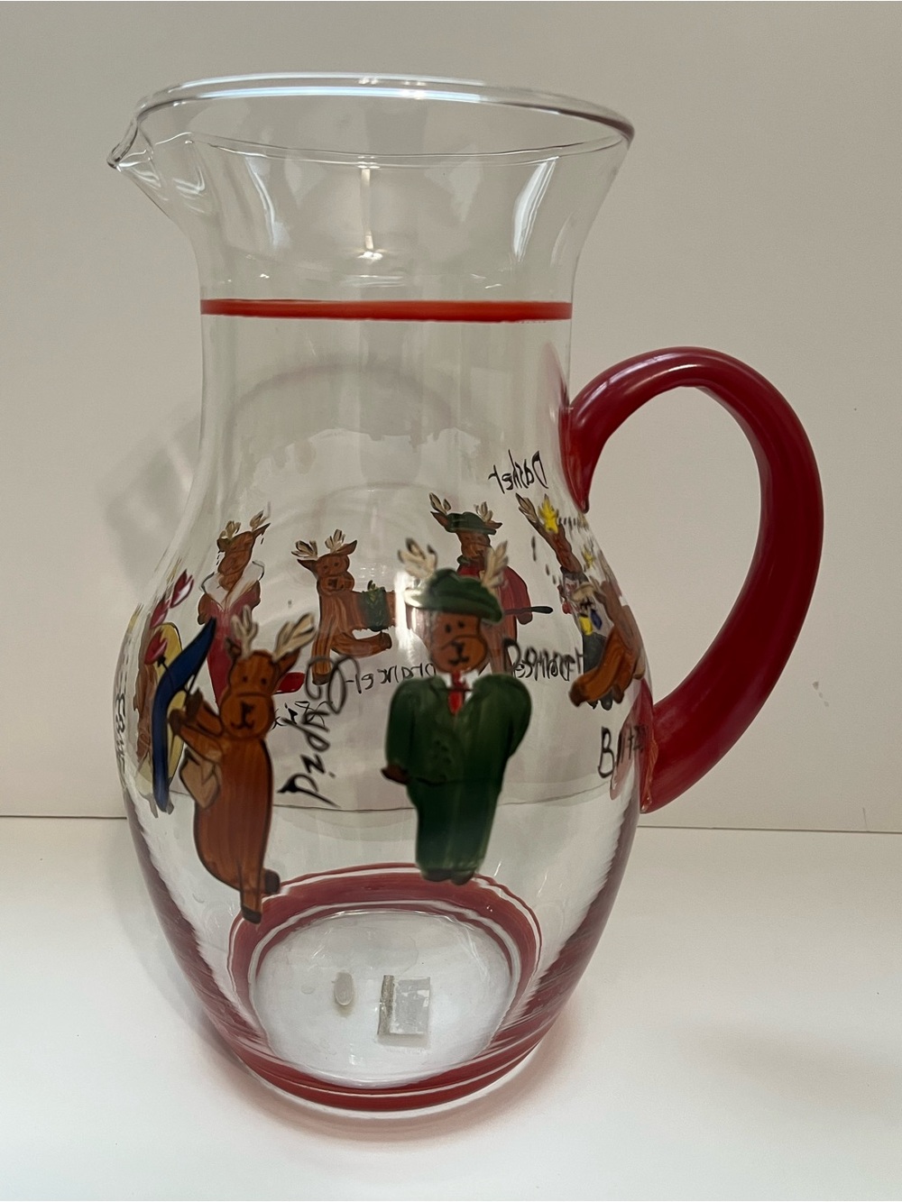 Clear Glass Pitcher with Red Trim and Deer Motif